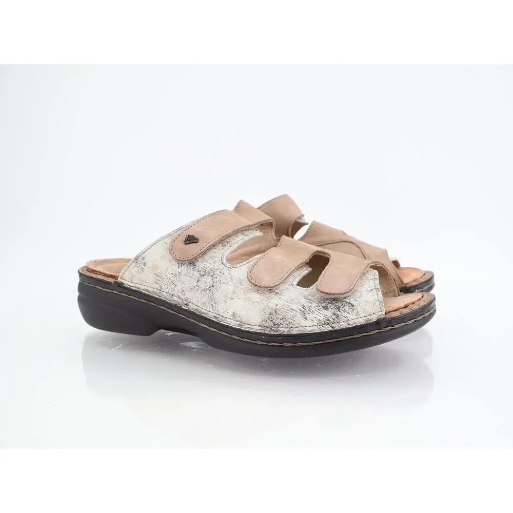 Finn Comfort Cisano Women's 39 8 Brown Leather Triple Strap Wedge Sandals Slides